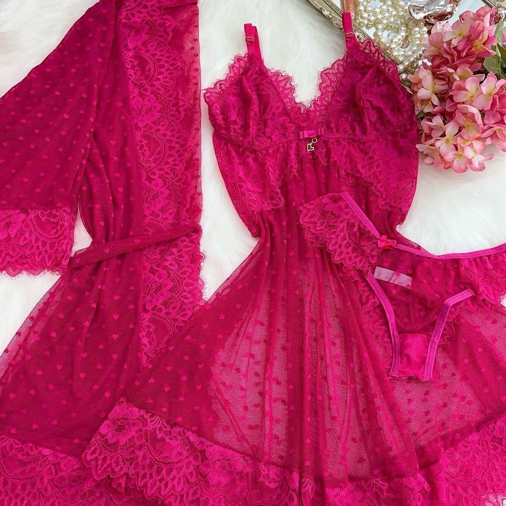 Sheer Lace Chemise & Robe Set in Fuchsia - Women Intimates